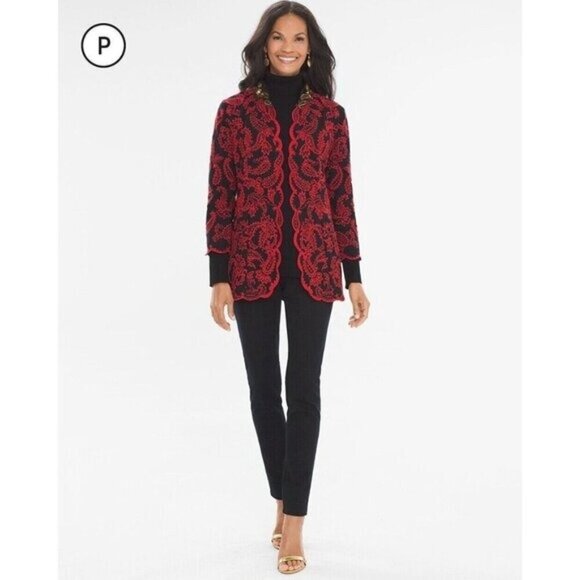 Chicos Collectibles Petite 0P Gold Beaded Black Red Paisley‎ Embroidered Jacket - Picture 6 of 16